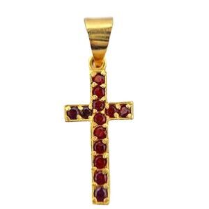 18K Gold Garnet January Birthstone Cross Religious Charm Pendant